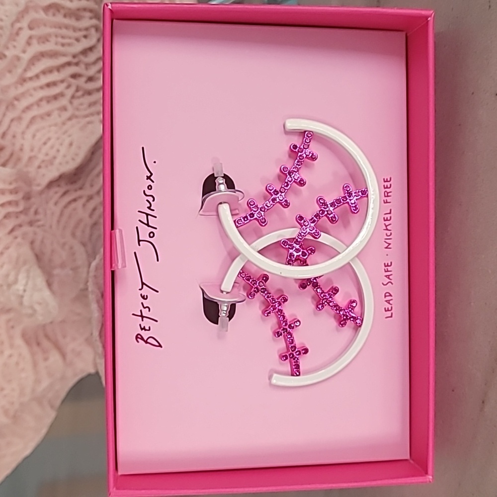 Betsey Johnson Pink and White Baseball Earrings